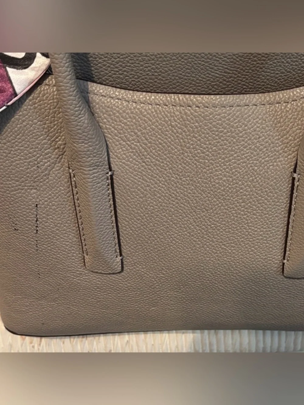 Kate Spade Taupe Leather Satchel with Pink Scarf Accent **small flaw-see pic**